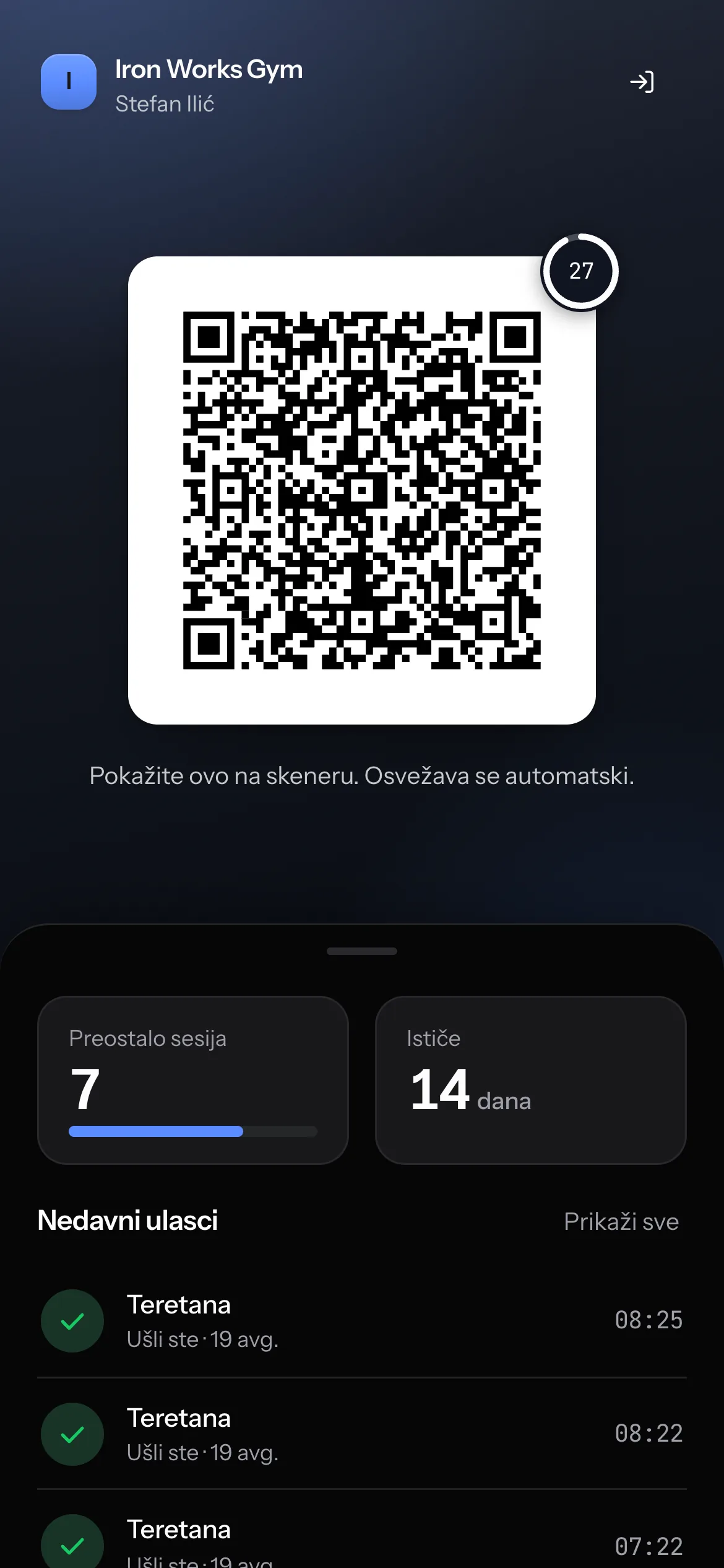 Aplikacija za članove sa aktivnim QR kodom za pristup